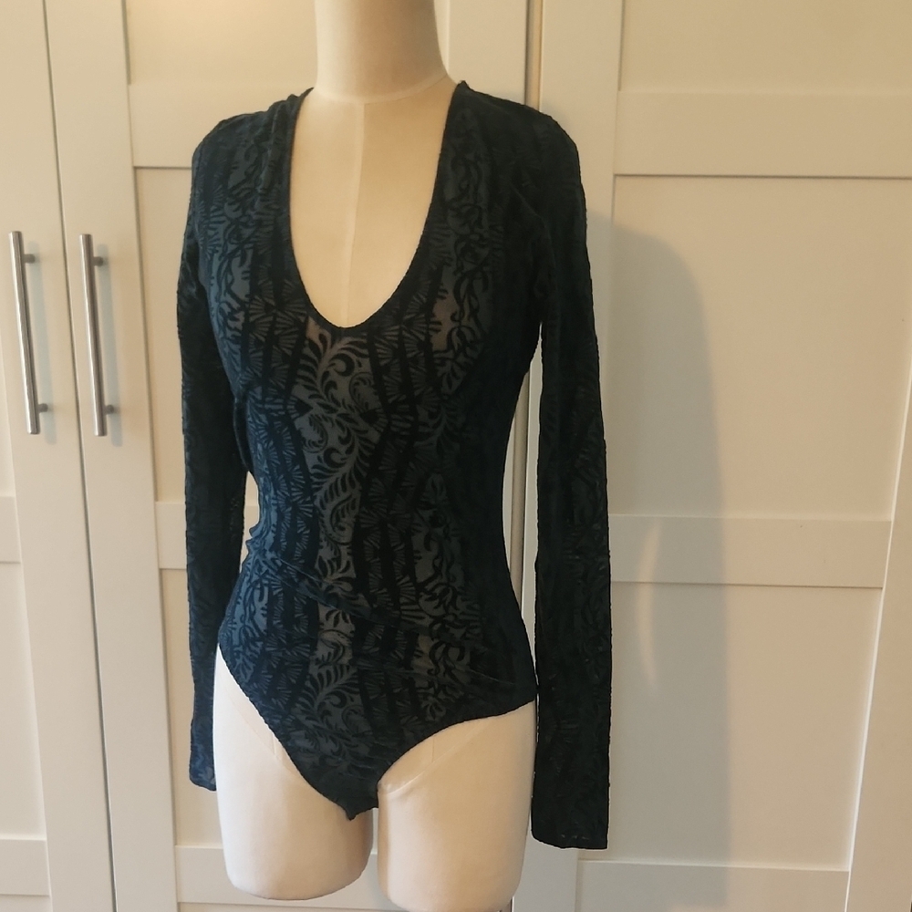 Free People Turquoise Velvety Lace Bodysuit Sz Small